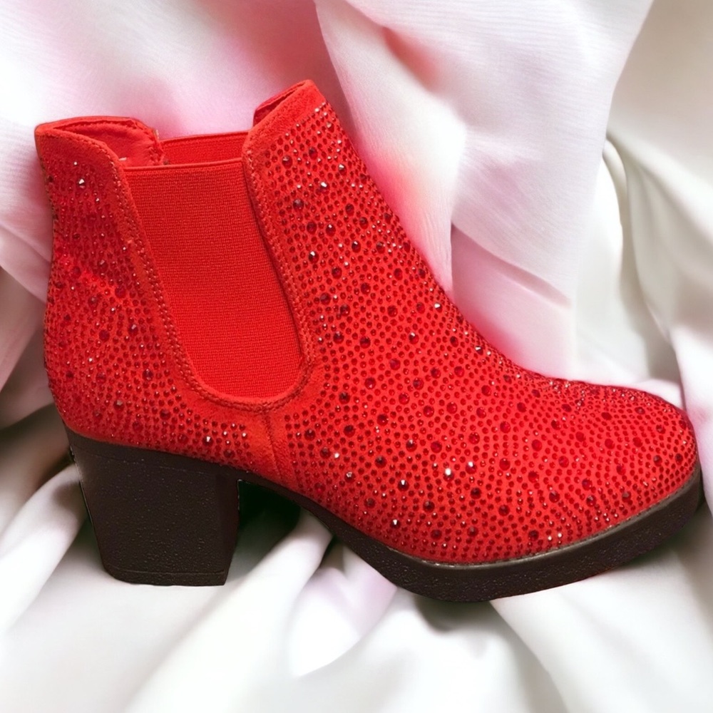 3 Left! Metallic Red Rhinestone Embellished Slip On Chelsea Heeled Booties